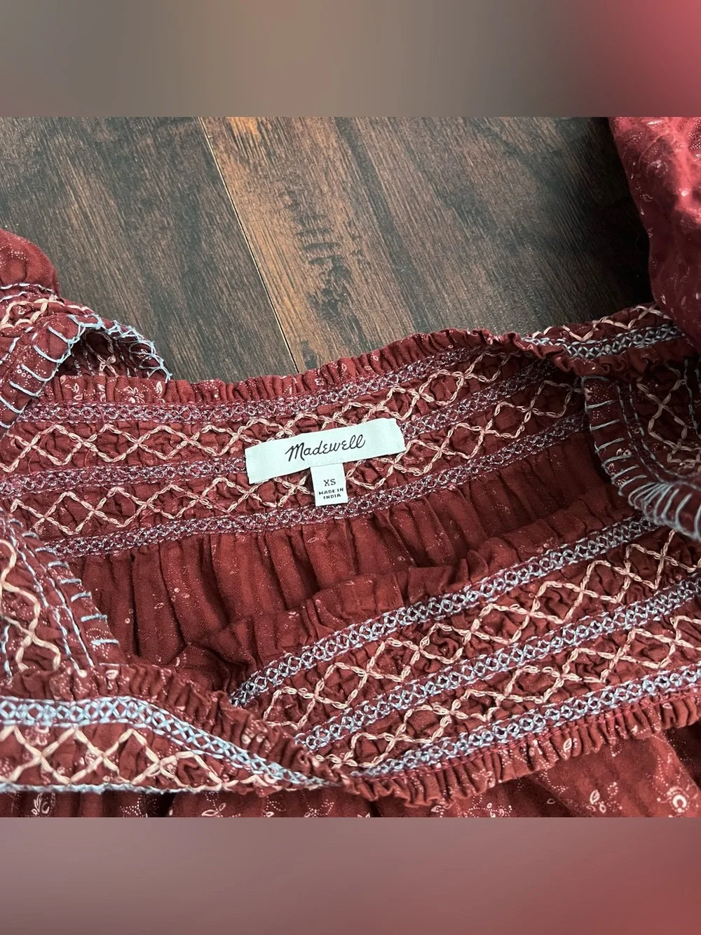 Madewell Square Neck Smocked Top XS Rusted Burgundy Floral Puff Sleeve Cotton